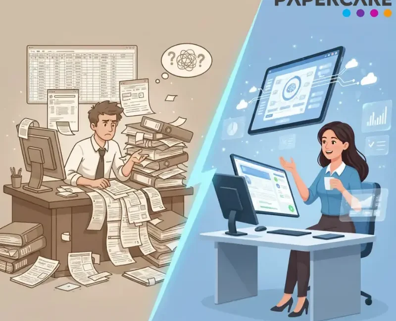 Comparison of old spreadsheet workflow versus modern AI-powered cloud working papers software for accountants.