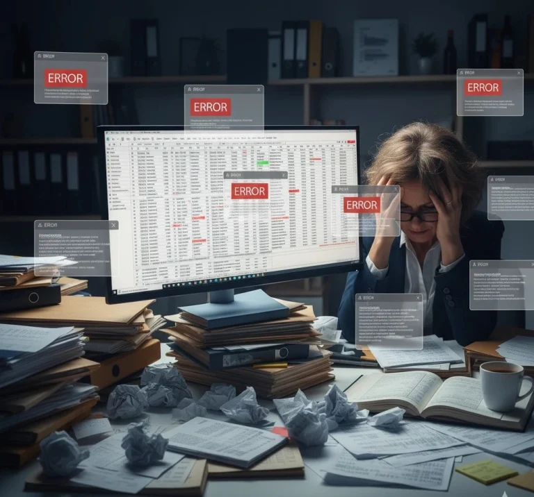 Frustrated accountant surrounded by spreadsheets and paperwork showing inefficiency in traditional accounting workflow.